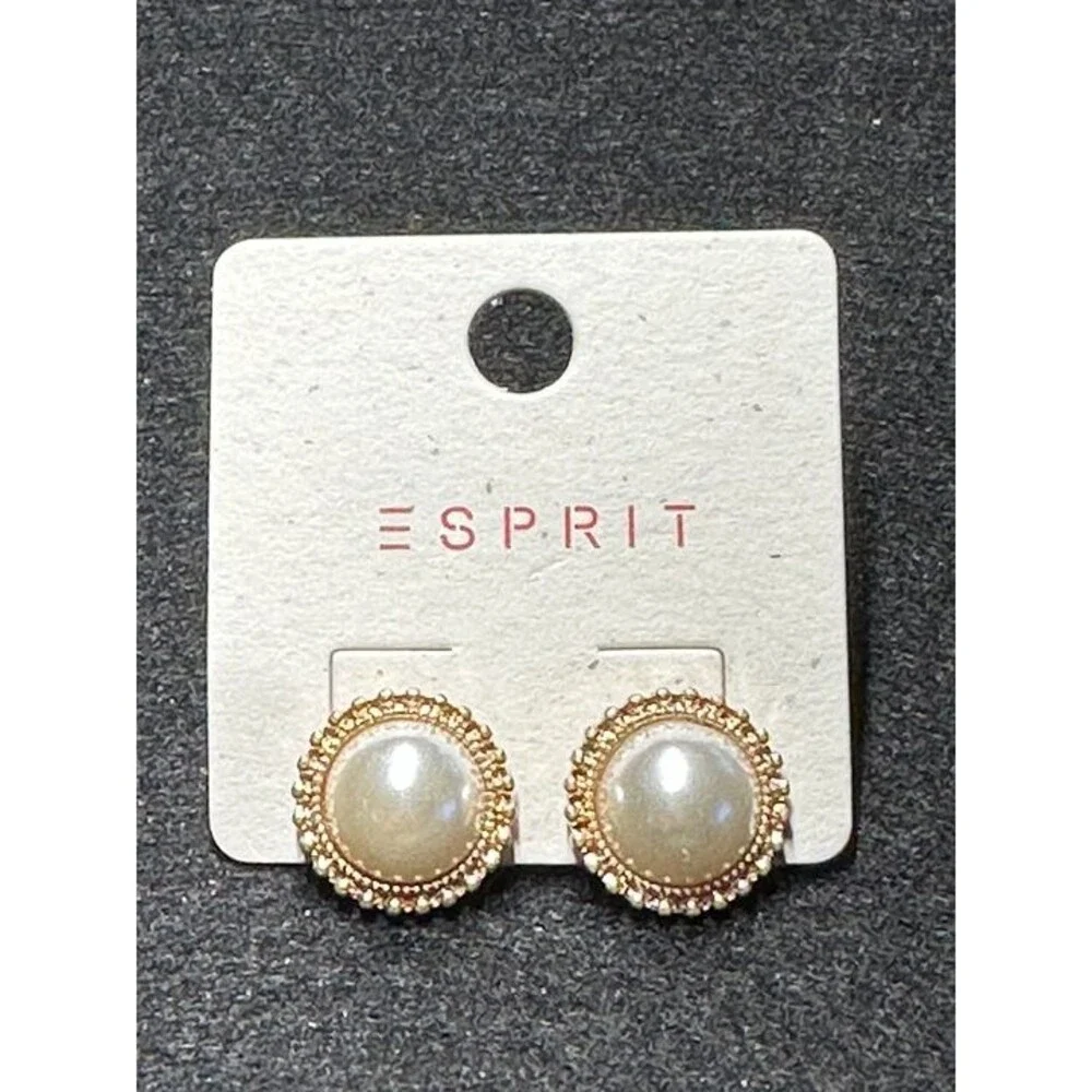 ESPRIT Gold Tone Pearl Stud Earrings Beaded Border Bridal Classic Style New